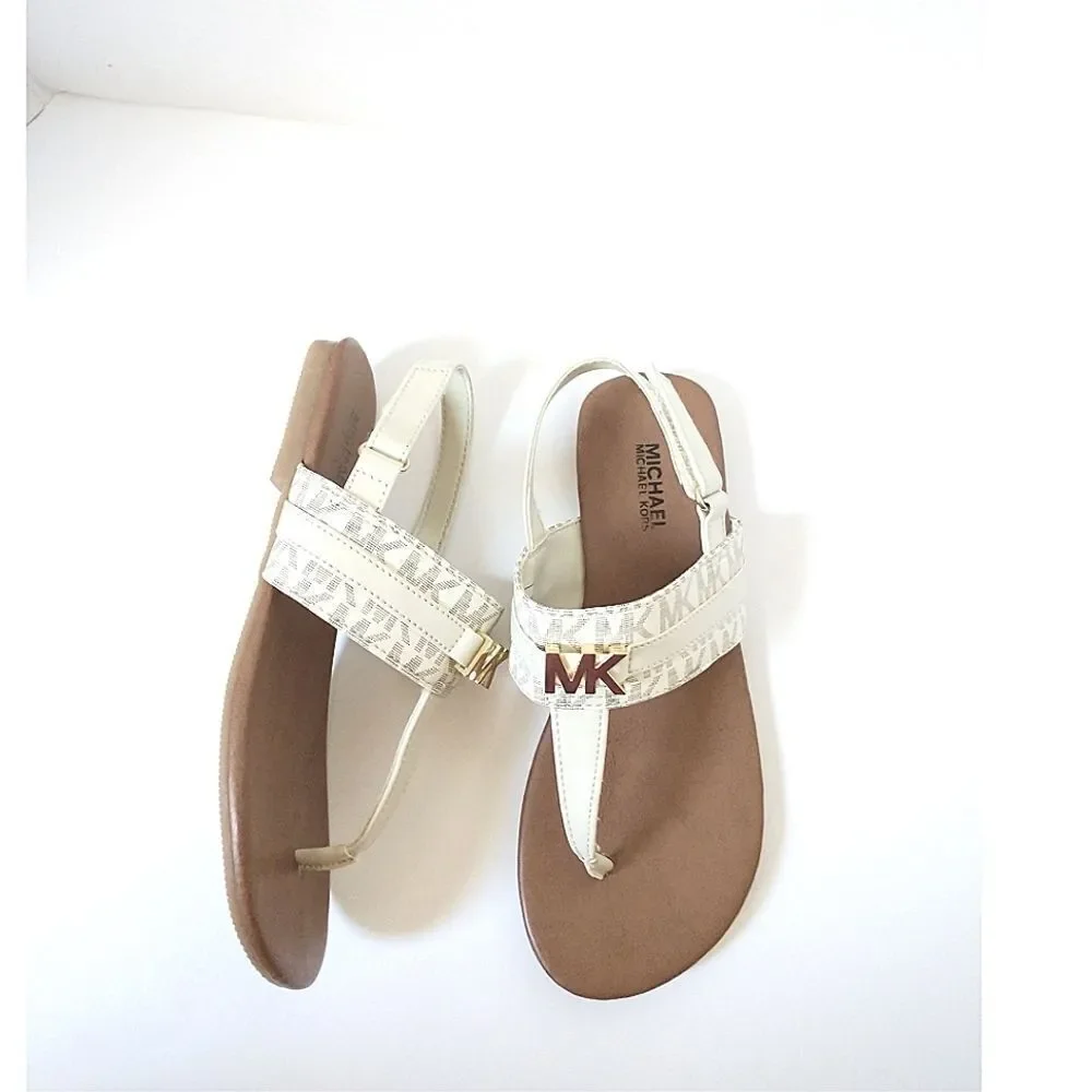 New! MICHAEL KORS Little Girls Jaliyah MK Logo T-Strap Sandals Shoe Vanilla NWOB